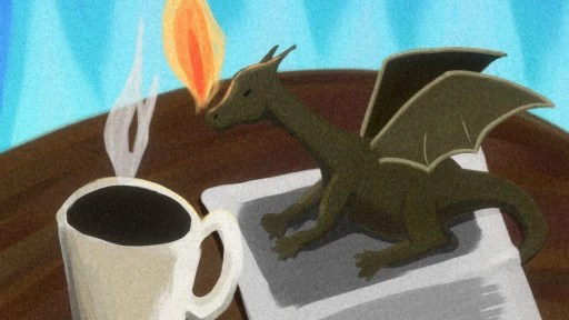 A dragon on top of a newspaper next to a coffee mug.